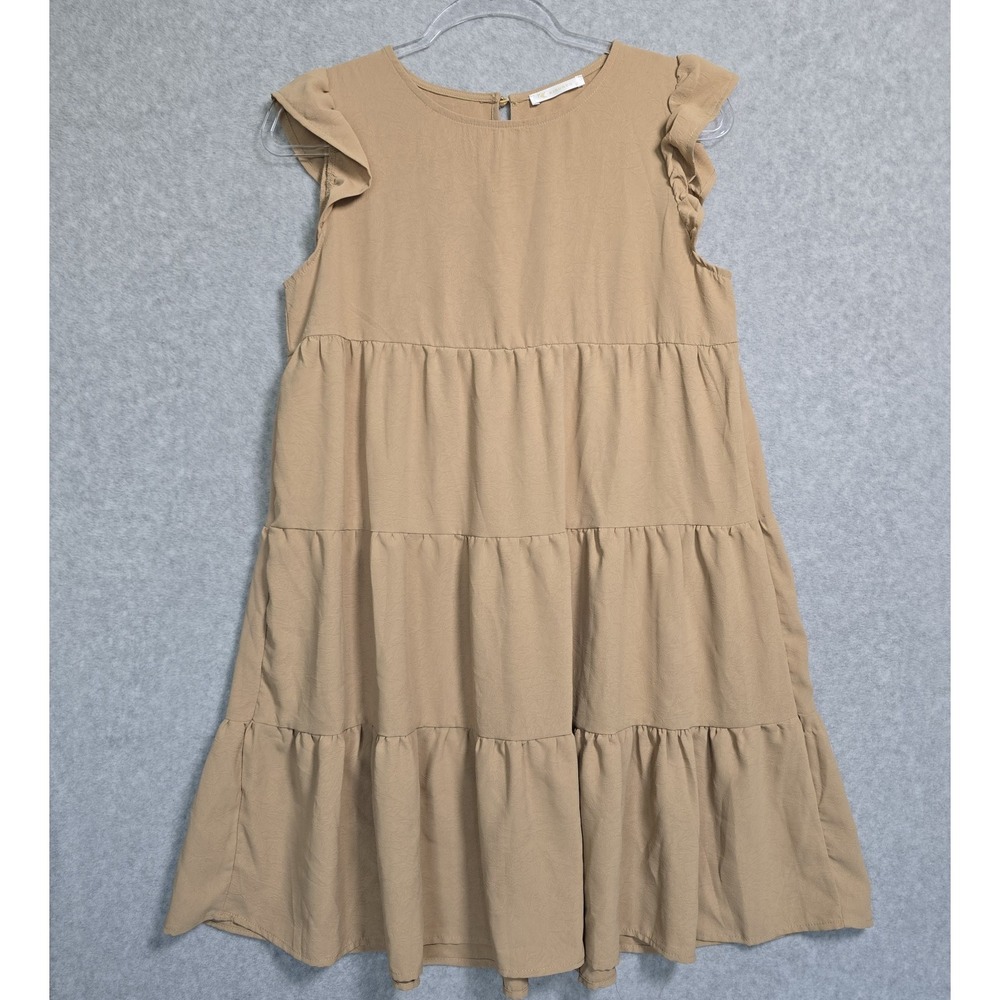 Kirundo Women Size S Tan Tiered Shift Dress Short Flutter Sleeve Keyhole Back